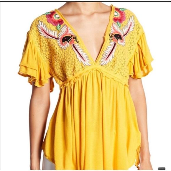 FREE PEOPLE Womens Top Fiesta Nueva Relaxed Marigold Yellow Size XS boho hippie - Picture 1 of 11